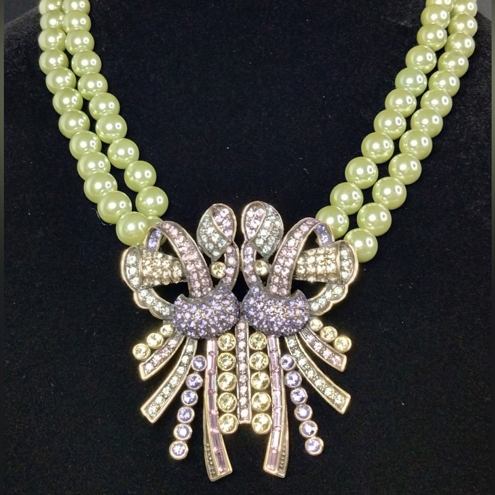 Heidi Daus Pale Sage Green Pearl and Pastel Crystal Necklace